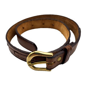 Vintage 90s Boys Brown Leather Weave Belt Brass Buckle 24" Long YK